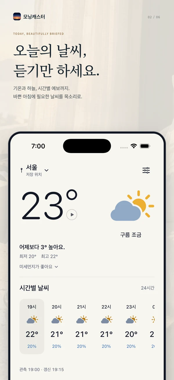 오늘의 날씨, 듣기만 하세요. 현재 기온과 시간별 예보 화면.