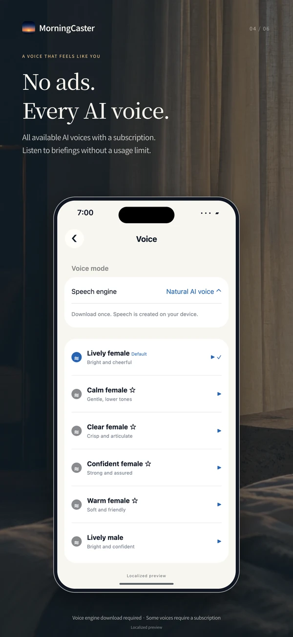 English presentation: ad-free subscription with all AI voices and no briefing usage limit.