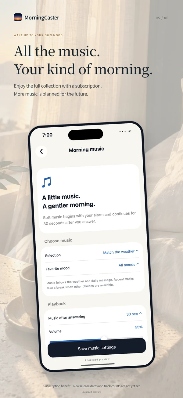 English presentation: the full music collection with a subscription, with more music planned.