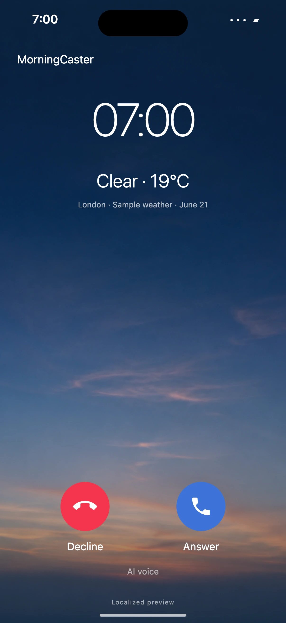 English presentation of a 7 a.m. morning call with sample weather