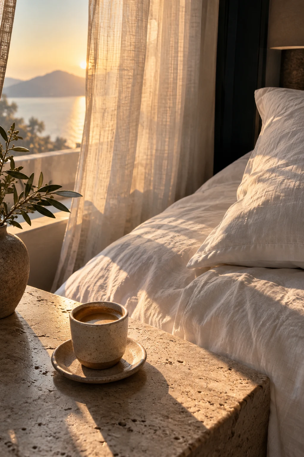 Sunlight falling on linen and a cup of coffee